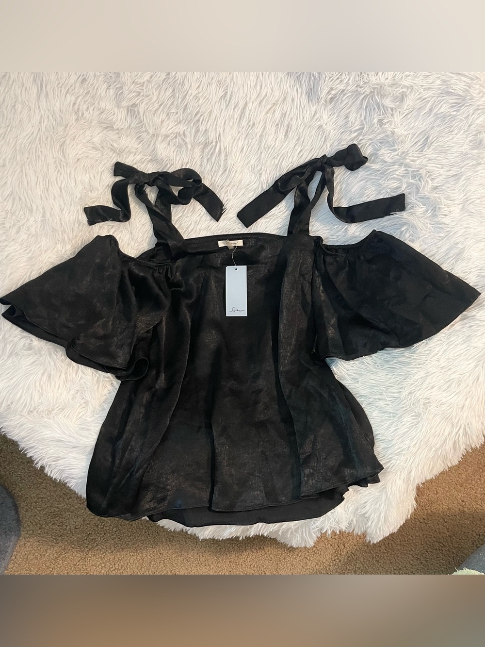 Satin black bow strap cold shoulder flowing too